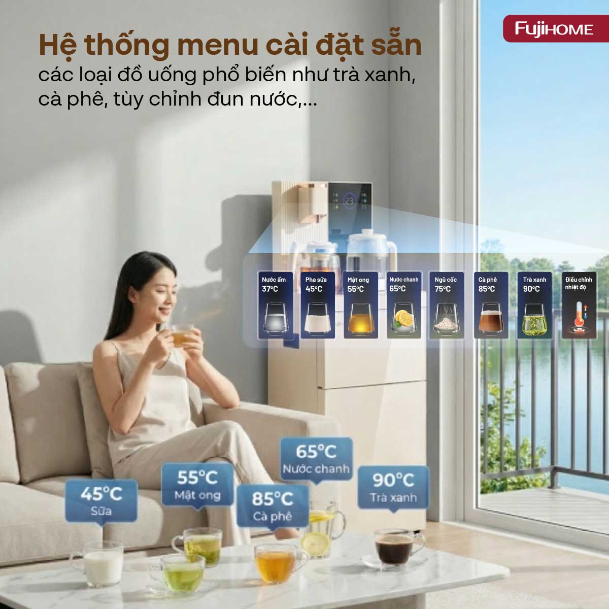 Cây nước bàn trà cao cấp có ngăn khử khuẩn UV Fujihome TB238N-UV