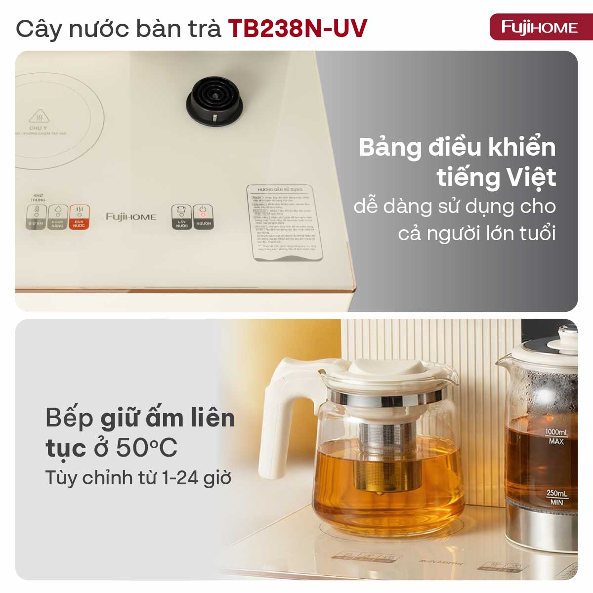 Cây nước bàn trà cao cấp có ngăn khử khuẩn UV Fujihome TB238N-UV