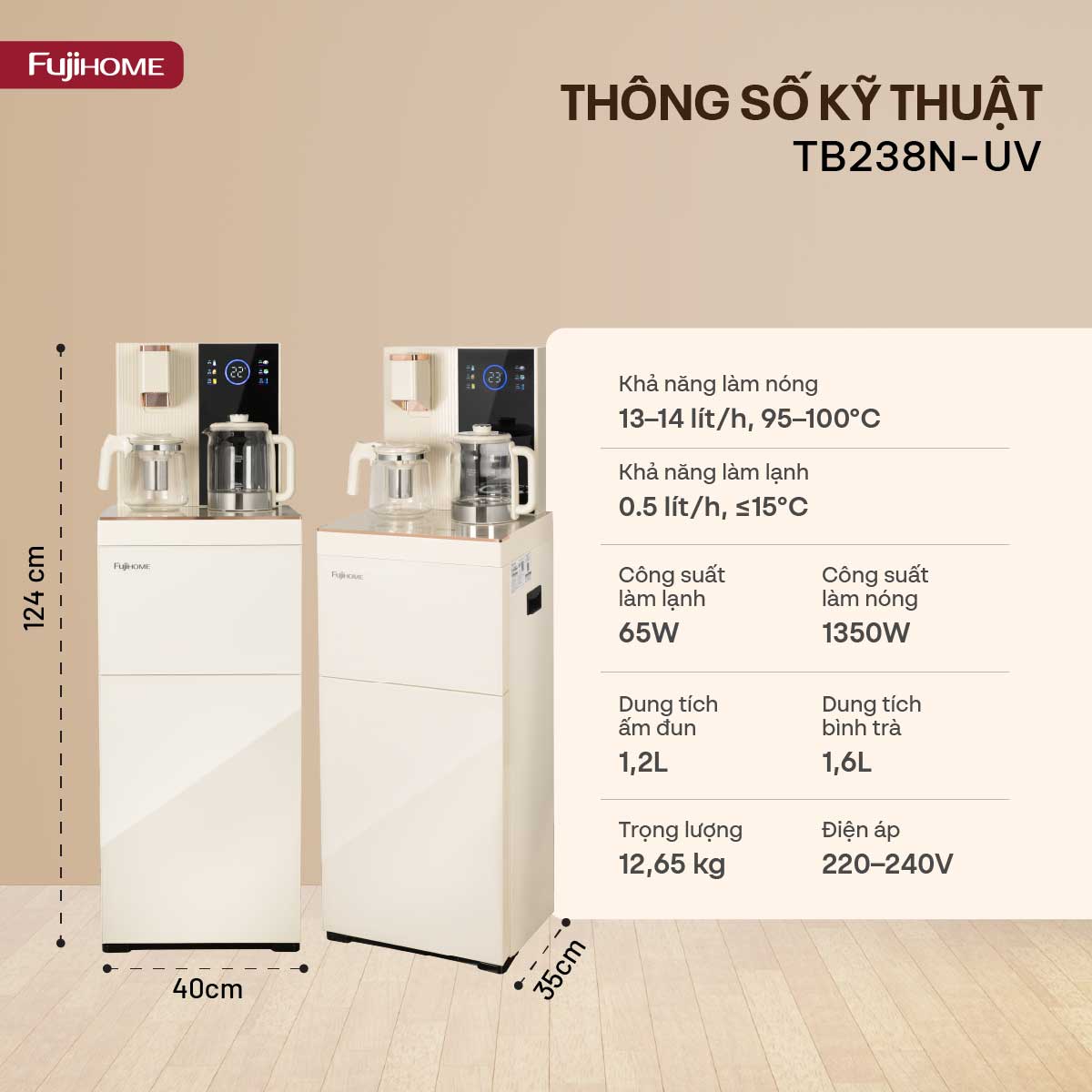 Cây nước bàn trà cao cấp có ngăn khử khuẩn UV Fujihome TB238N-UV