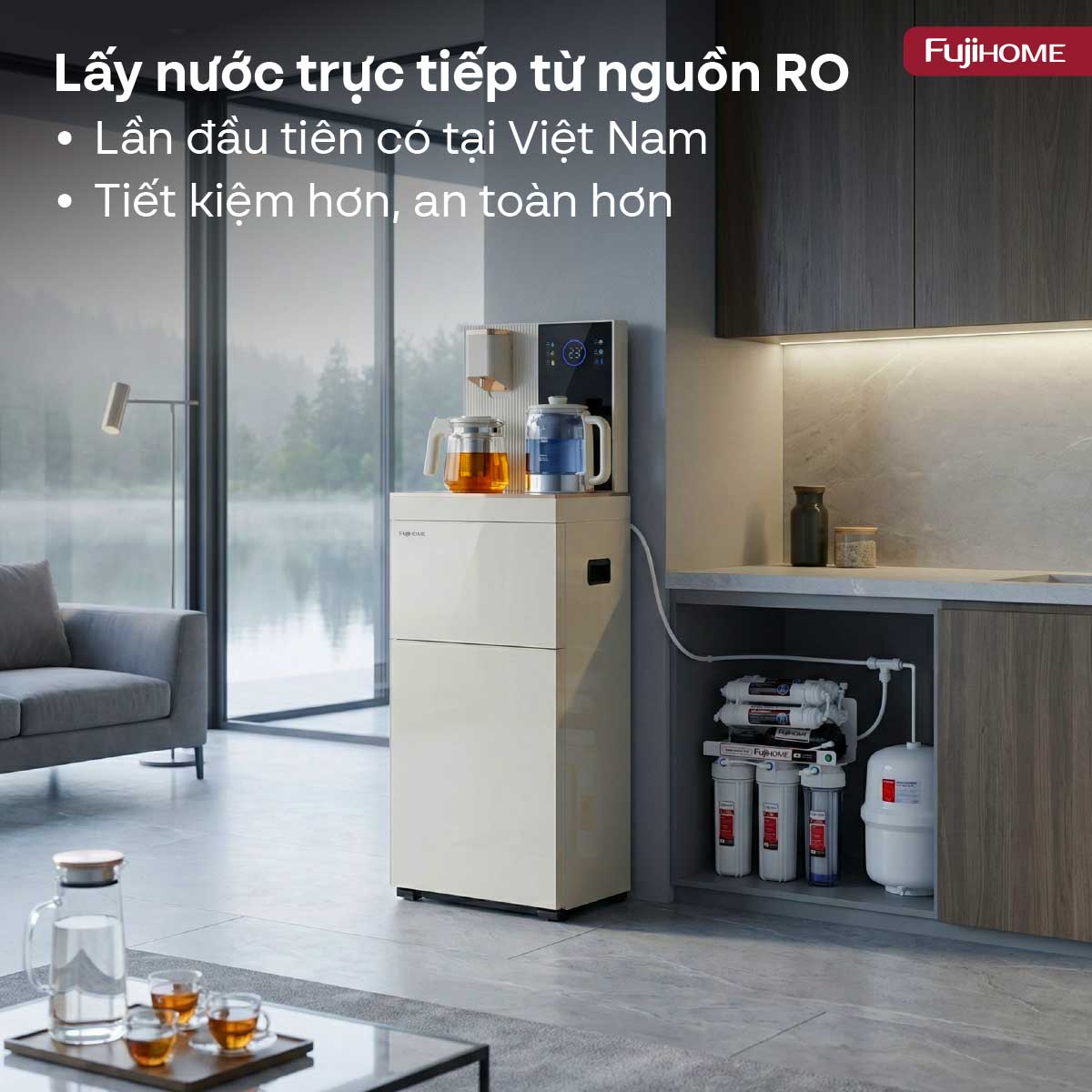 Cây nước bàn trà cao cấp có ngăn khử khuẩn UV Fujihome TB238N-UV