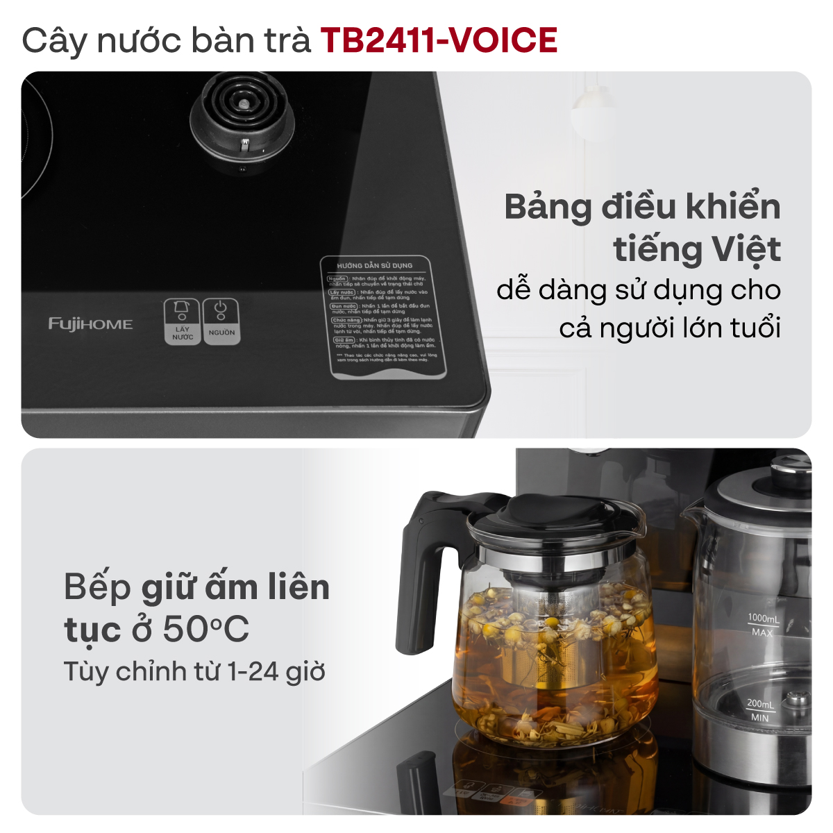Cây nước bàn trà điều khiển bằng giọng nói Fujihome TB2411N-VOICE