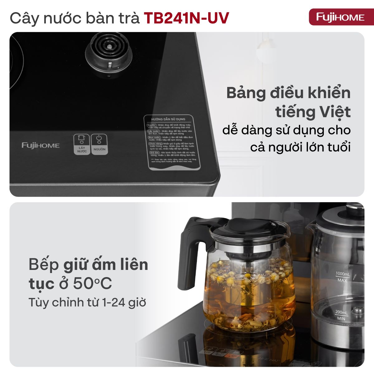 Cây nước bàn trà cao cấp có ngăn khử khuẩn UV Fujihome TB241N-UV