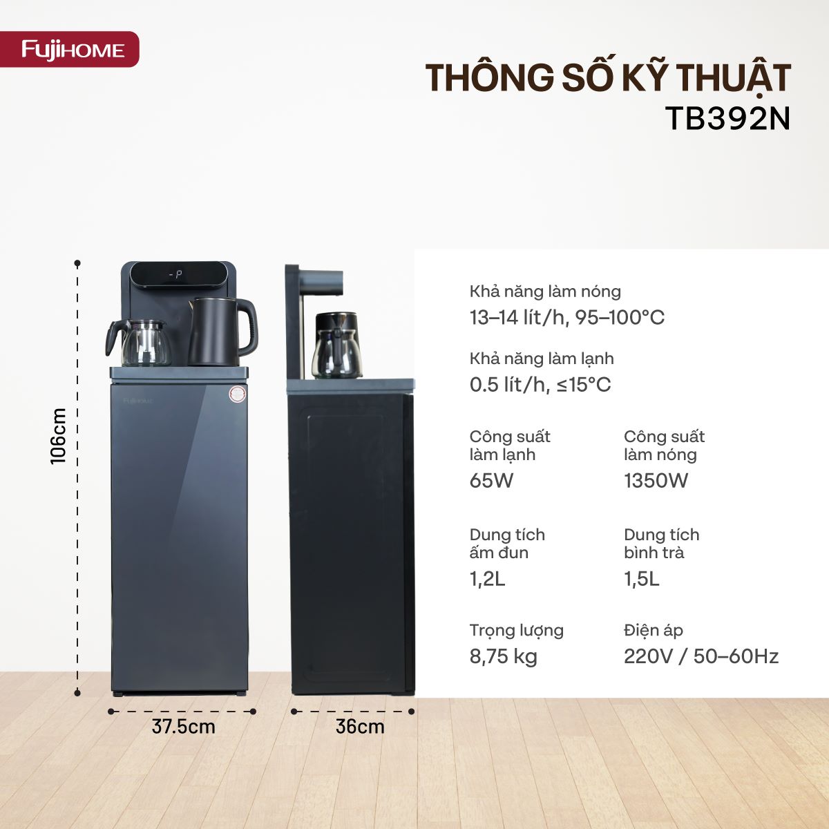 Cây nước nóng lạnh kết hợp bàn pha trà, cafe Fujihome TB392N