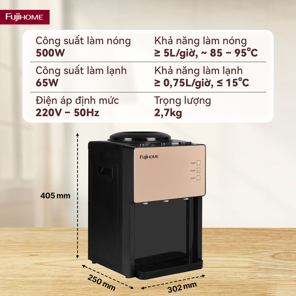 Cây nước nóng lạnh để bàn mini 3 vòi Fujihome WD07E