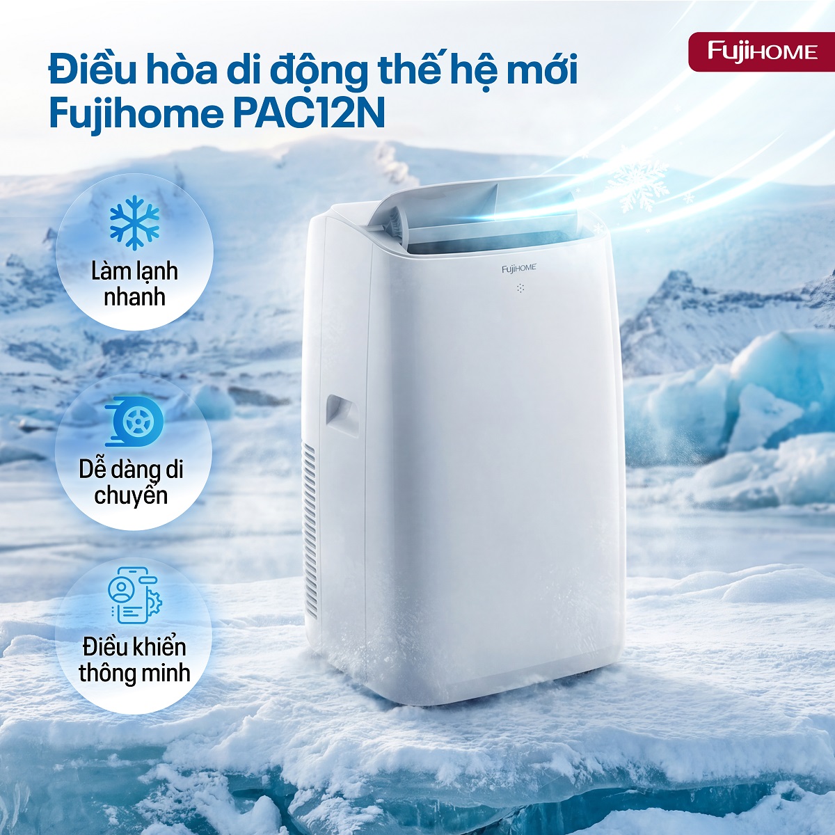 Điều hòa di động thế hệ mới, điều khiển thông minh - cửa gió lớn Fujihome PAC12N