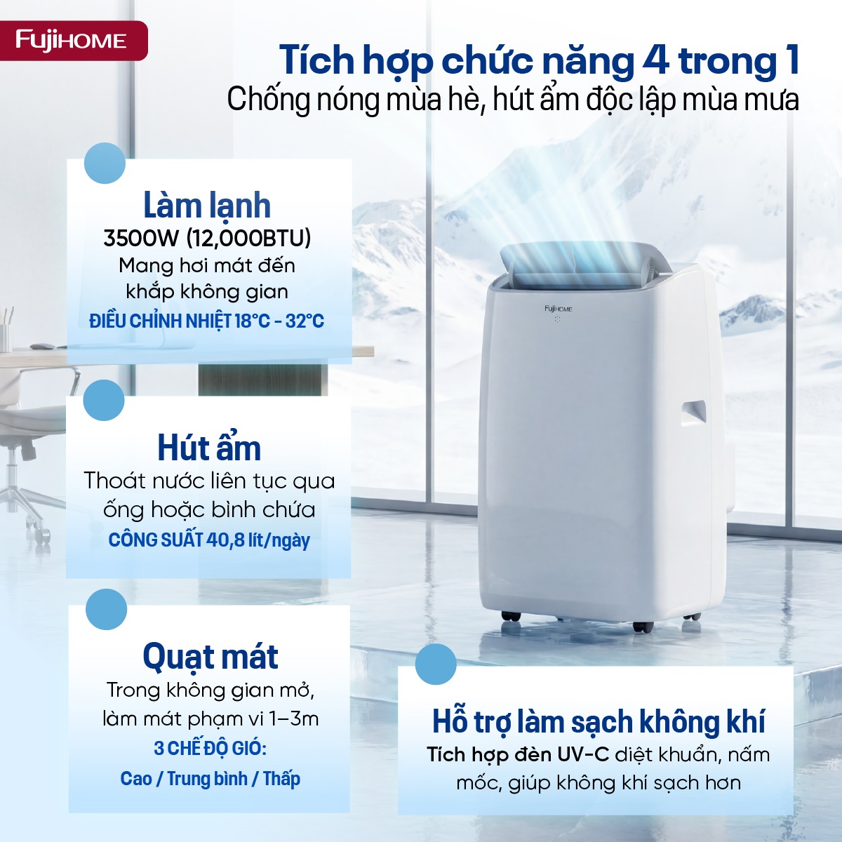 Điều hòa di động thế hệ mới, điều khiển thông minh - cửa gió lớn Fujihome PAC12N