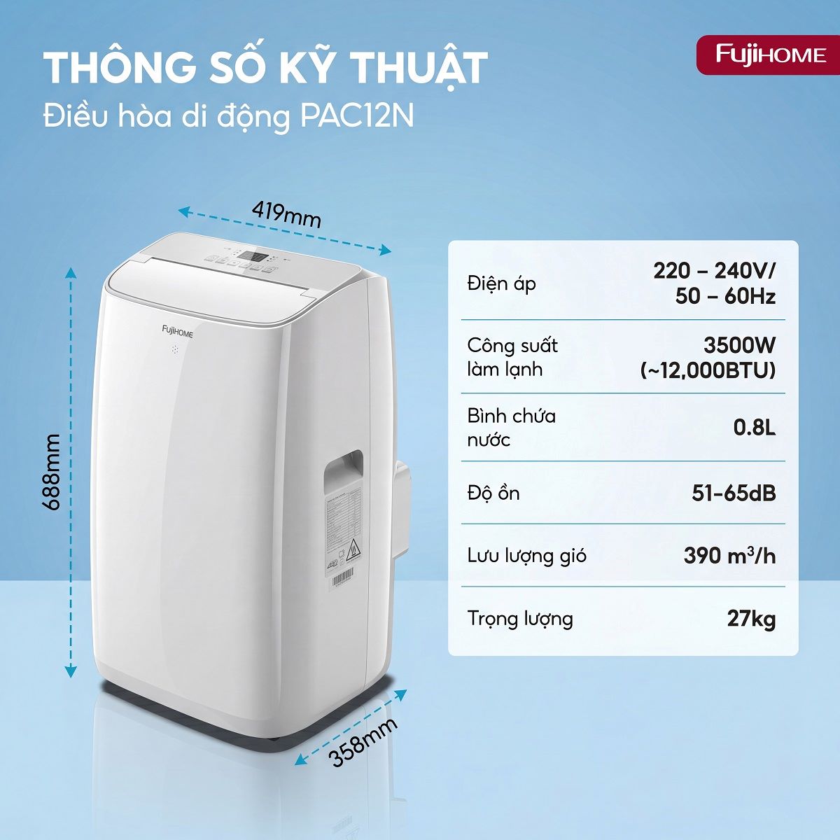 Điều hòa di động thế hệ mới, điều khiển thông minh - cửa gió lớn Fujihome PAC12N