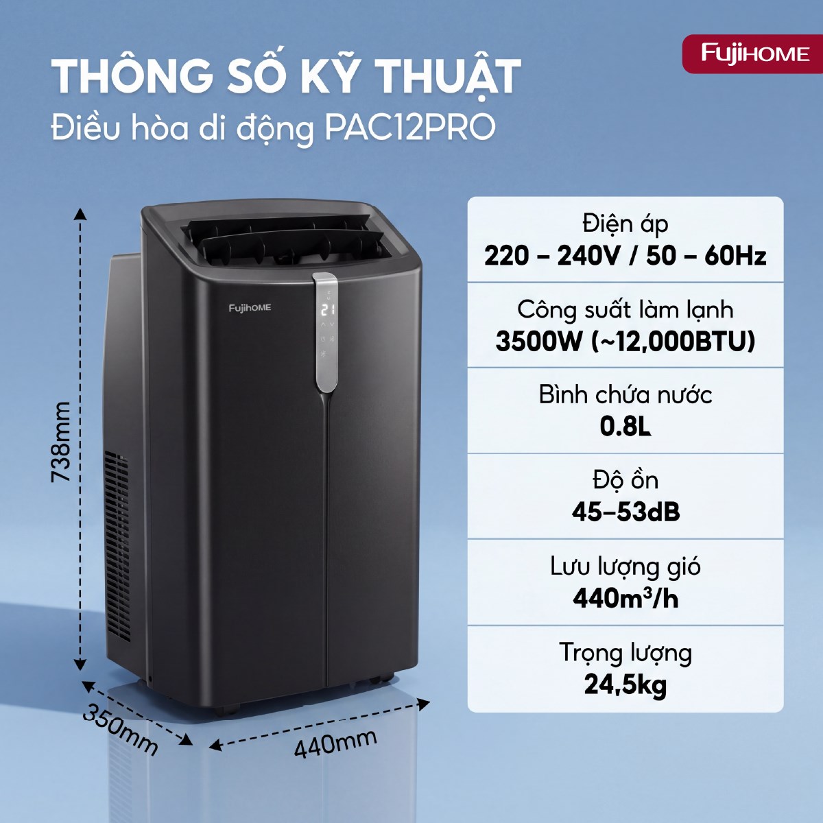 Điều hòa di động Fujihome PAC12PRO INVERTER Linh hoạt, làm lạnh nhanh