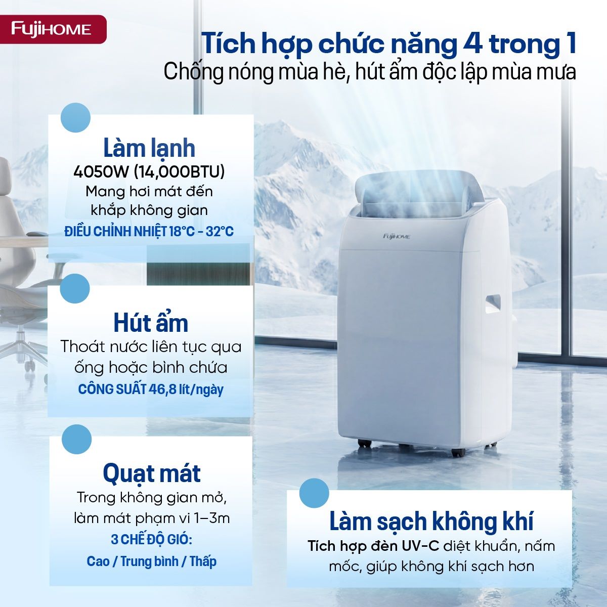 Điều hòa di động thế hệ mới, điều khiển thông minh - cửa gió lớn Fujihome PAC14N