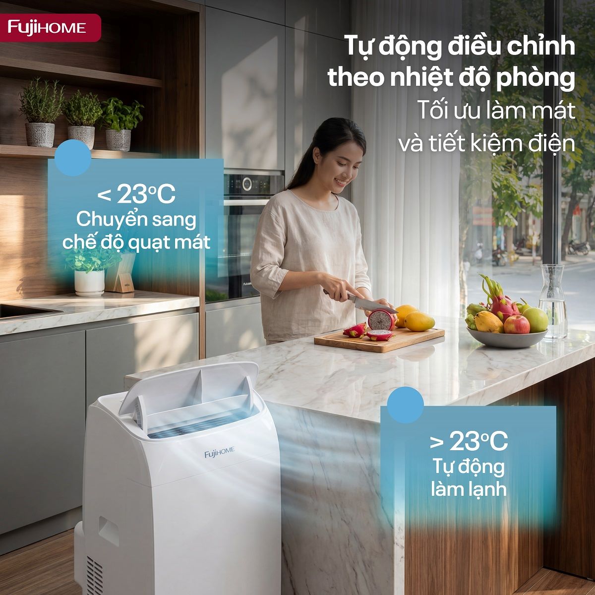 Điều hòa di động thế hệ mới, điều khiển thông minh - cửa gió lớn Fujihome PAC14N