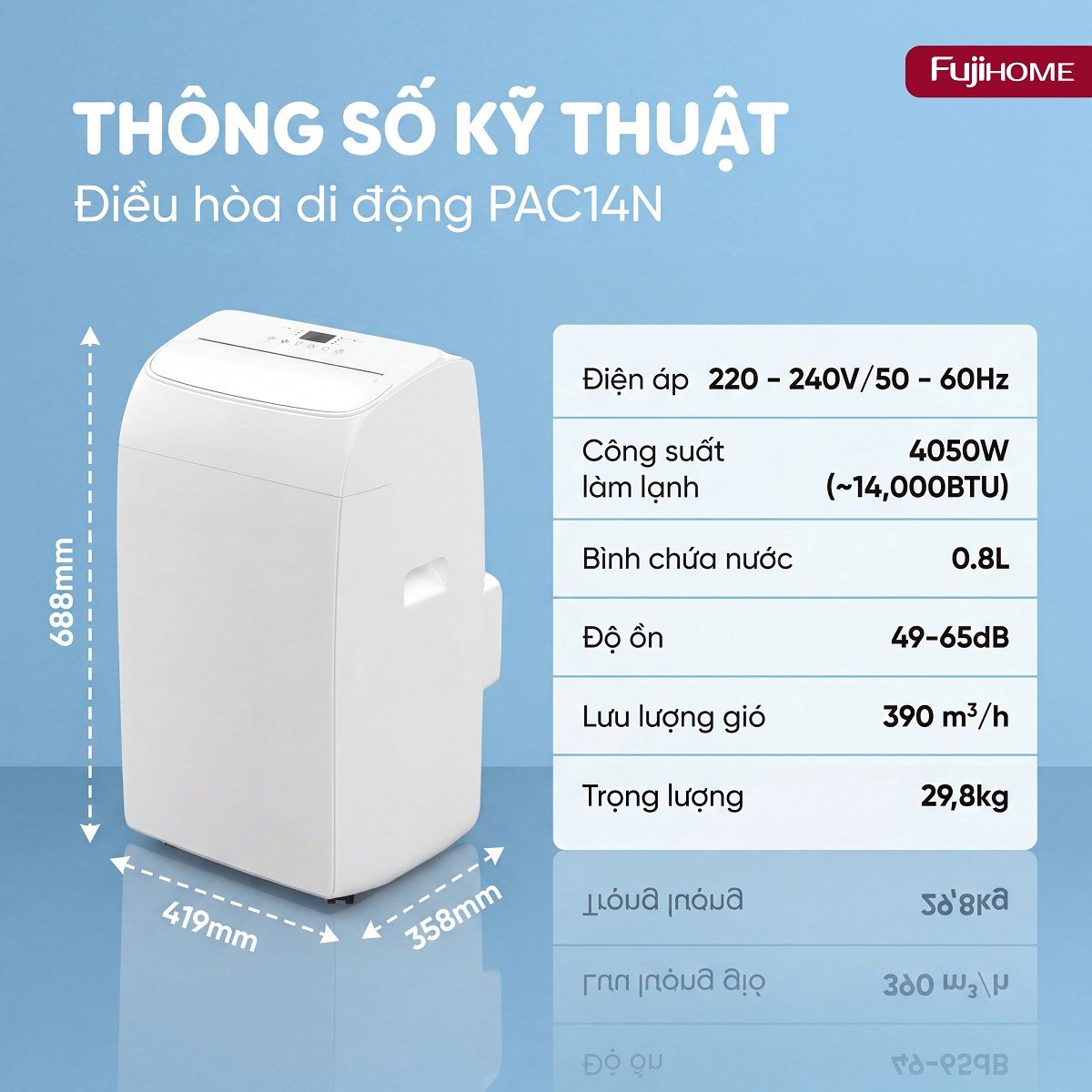 Điều hòa di động thế hệ mới, điều khiển thông minh - cửa gió lớn Fujihome PAC14N