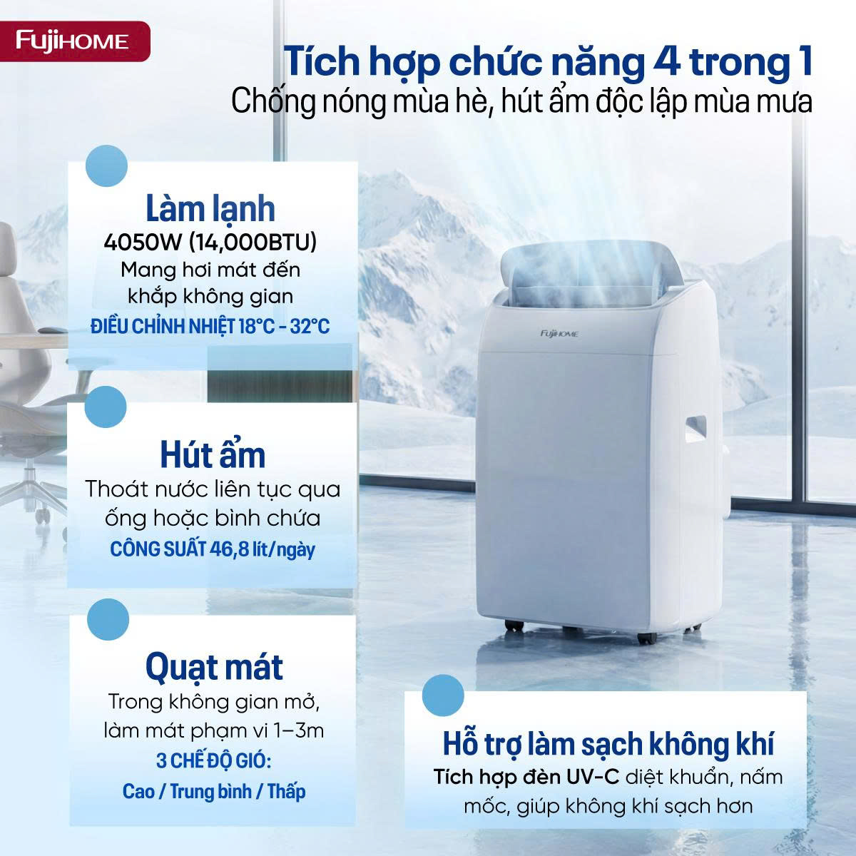 Điều hòa di động thế hệ mới, điều khiển thông minh - cửa gió lớn Fujihome PAC14N
