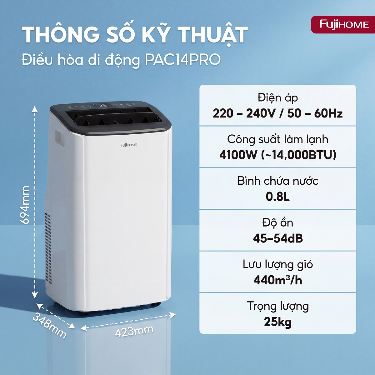 Điều hòa di động Fujihome PAC14PRO INVERTER Linh hoạt, làm lạnh nhanh