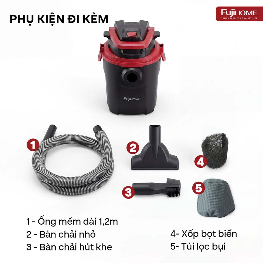 Máy hút bụi khô & ướt nhỏ gọn, mạnh mẽ cho mọi nhu cầu làm sạch Fujihome VC10N