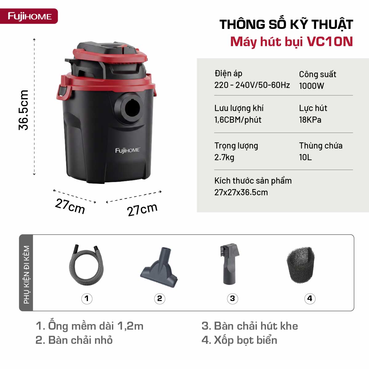 Máy hút bụi khô & ướt nhỏ gọn, mạnh mẽ cho mọi nhu cầu làm sạch Fujihome VC10N