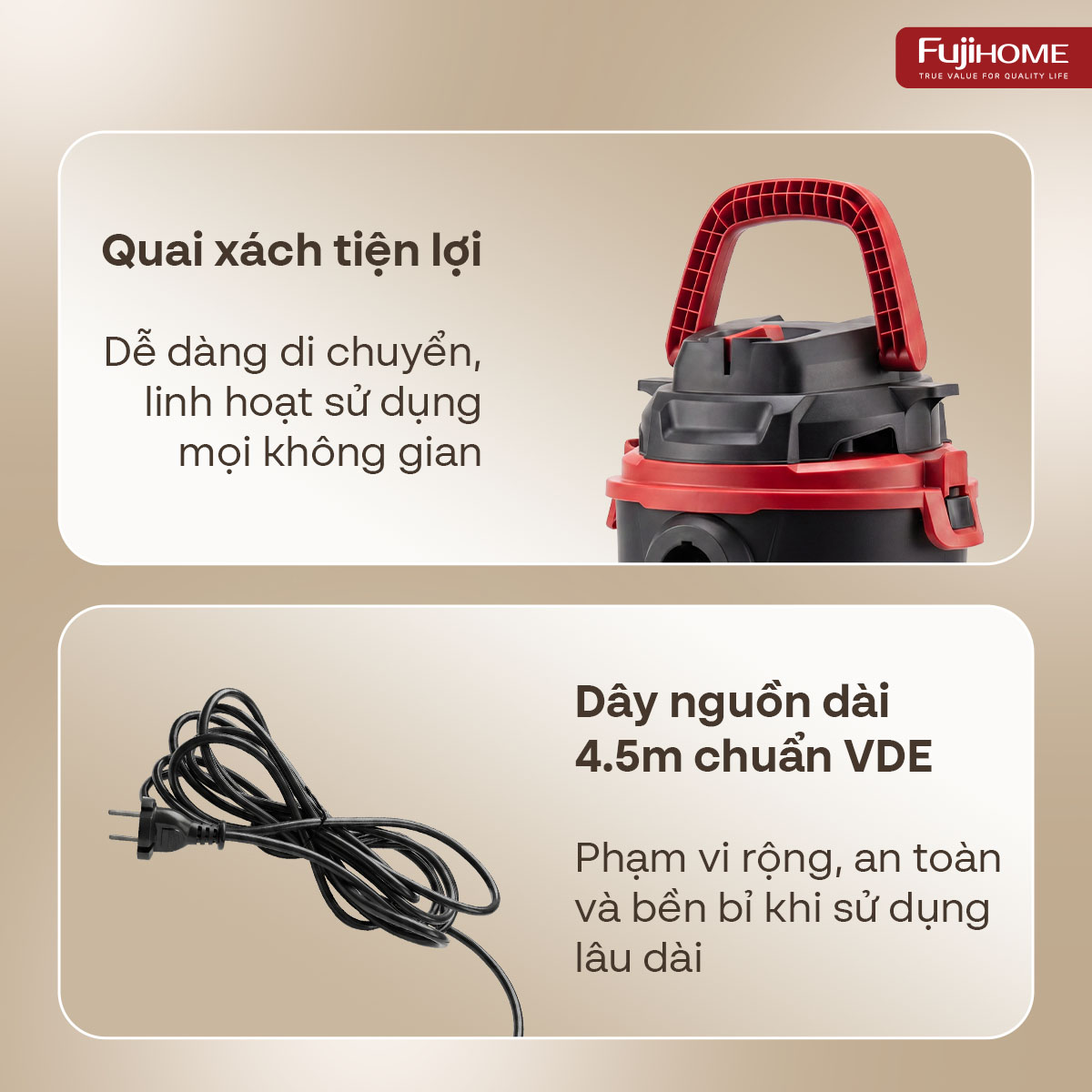 Máy hút bụi khô & ướt nhỏ gọn, mạnh mẽ cho mọi nhu cầu làm sạch Fujihome VC10N