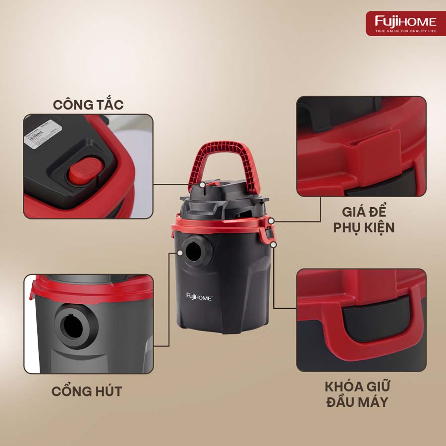 Máy hút bụi khô & ướt nhỏ gọn, mạnh mẽ cho mọi nhu cầu làm sạch Fujihome VC10N