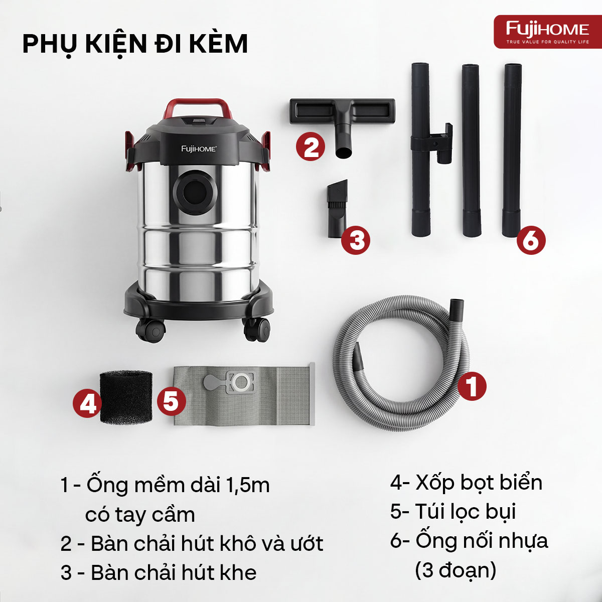 Máy hút bụi khô & ướt nhỏ gọn, mạnh mẽ cho mọi nhu cầu làm sạch Fujihome VC12N