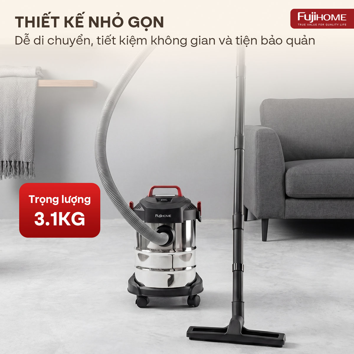 Máy hút bụi khô & ướt nhỏ gọn, mạnh mẽ cho mọi nhu cầu làm sạch Fujihome VC12N