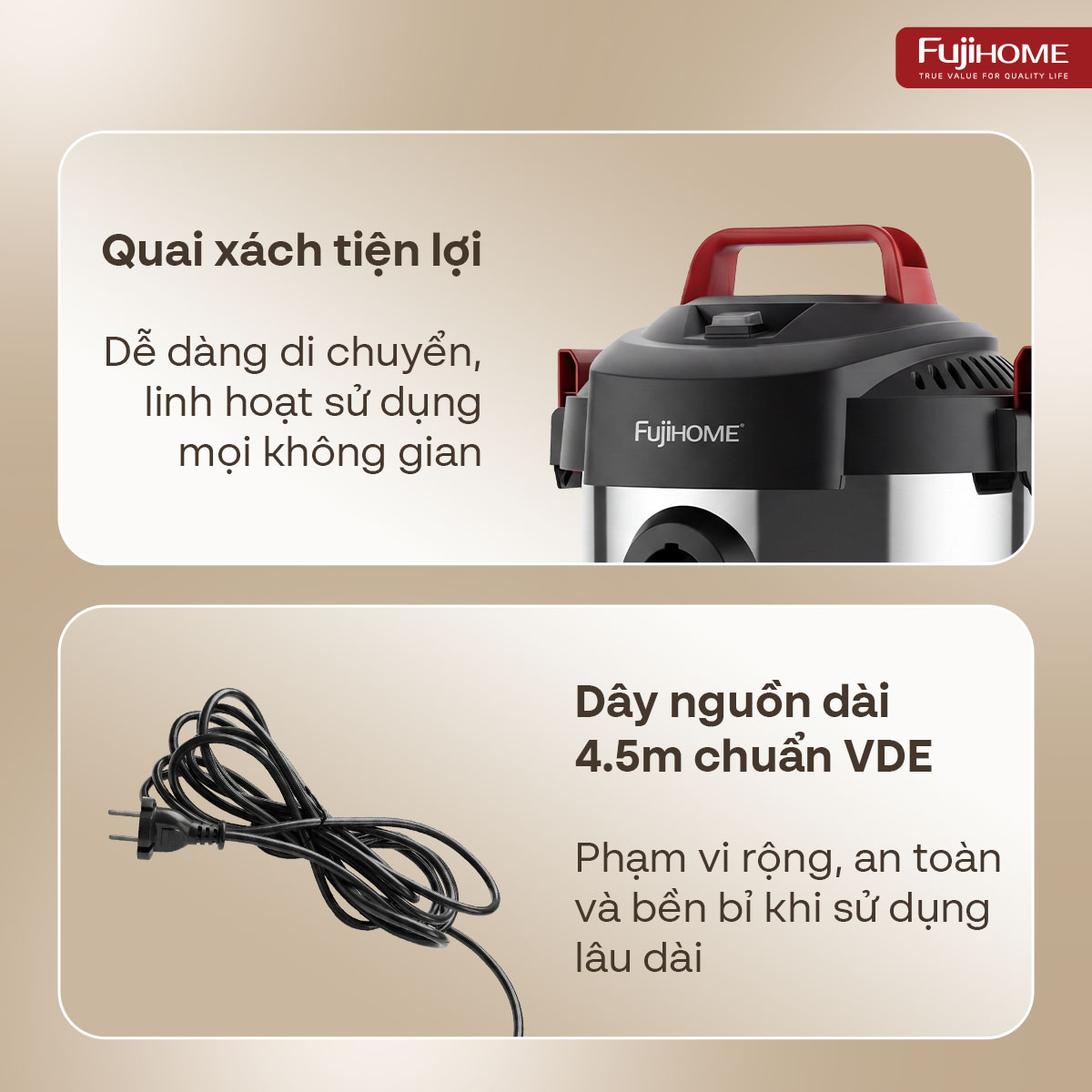 Máy hút bụi khô & ướt nhỏ gọn, mạnh mẽ cho mọi nhu cầu làm sạch Fujihome VC12N