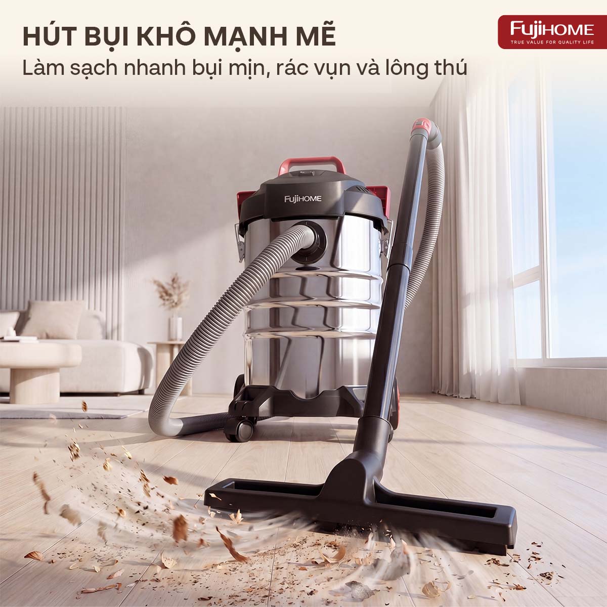 Máy hút bụi khô & ướt nhỏ gọn, mạnh mẽ cho mọi nhu cầu làm sạch Fujihome VC12N