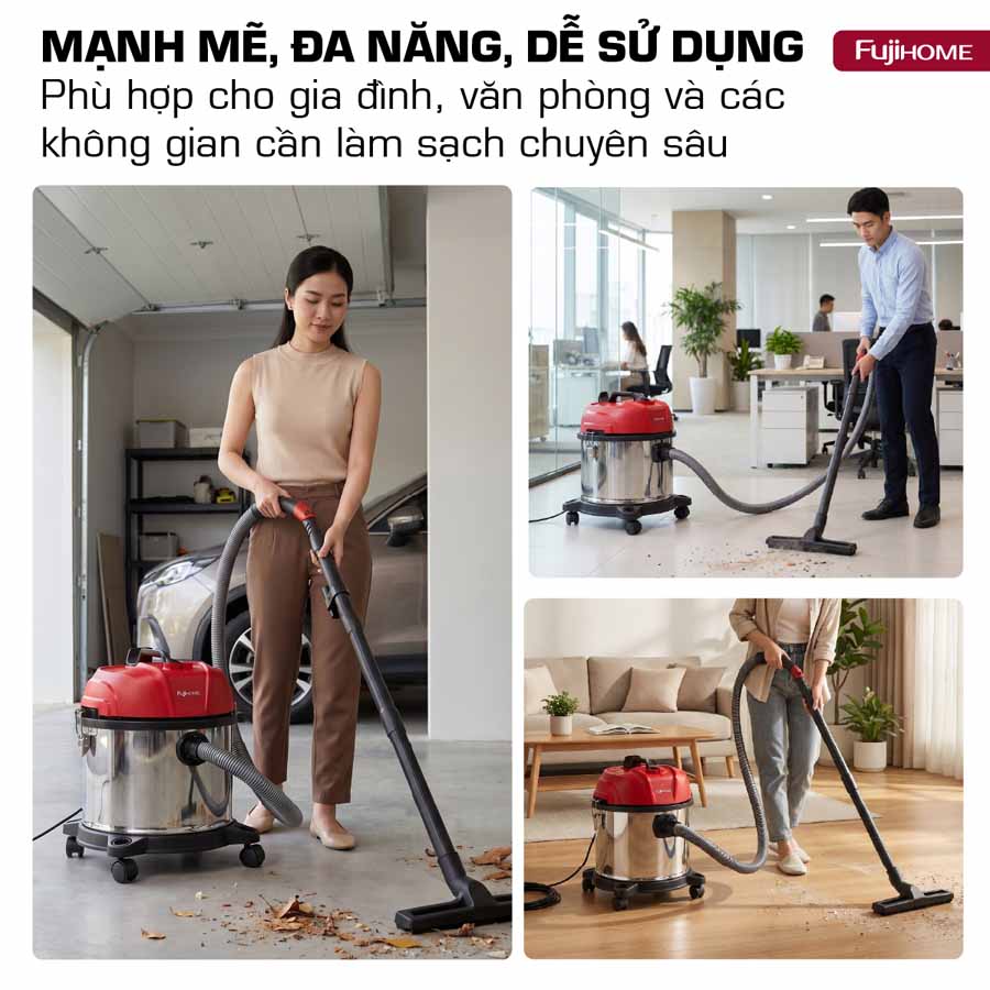 Máy hút bụi khô & ướt nhỏ gọn, mạnh mẽ cho mọi nhu cầu làm sạch Fujihome VC15N