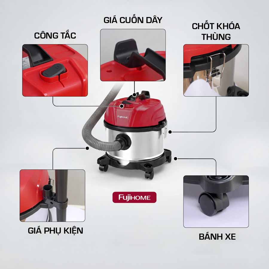 Máy hút bụi khô & ướt nhỏ gọn, mạnh mẽ cho mọi nhu cầu làm sạch Fujihome VC15N
