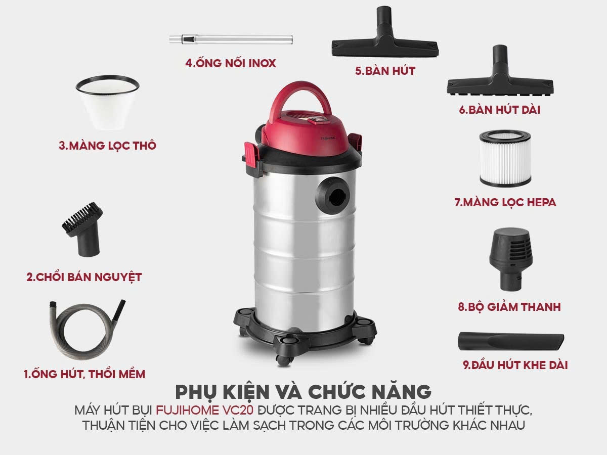 Máy hút bụi khô và ướt công nghiệp Fujihome VC20 phiên bản mới có tính năng thổi