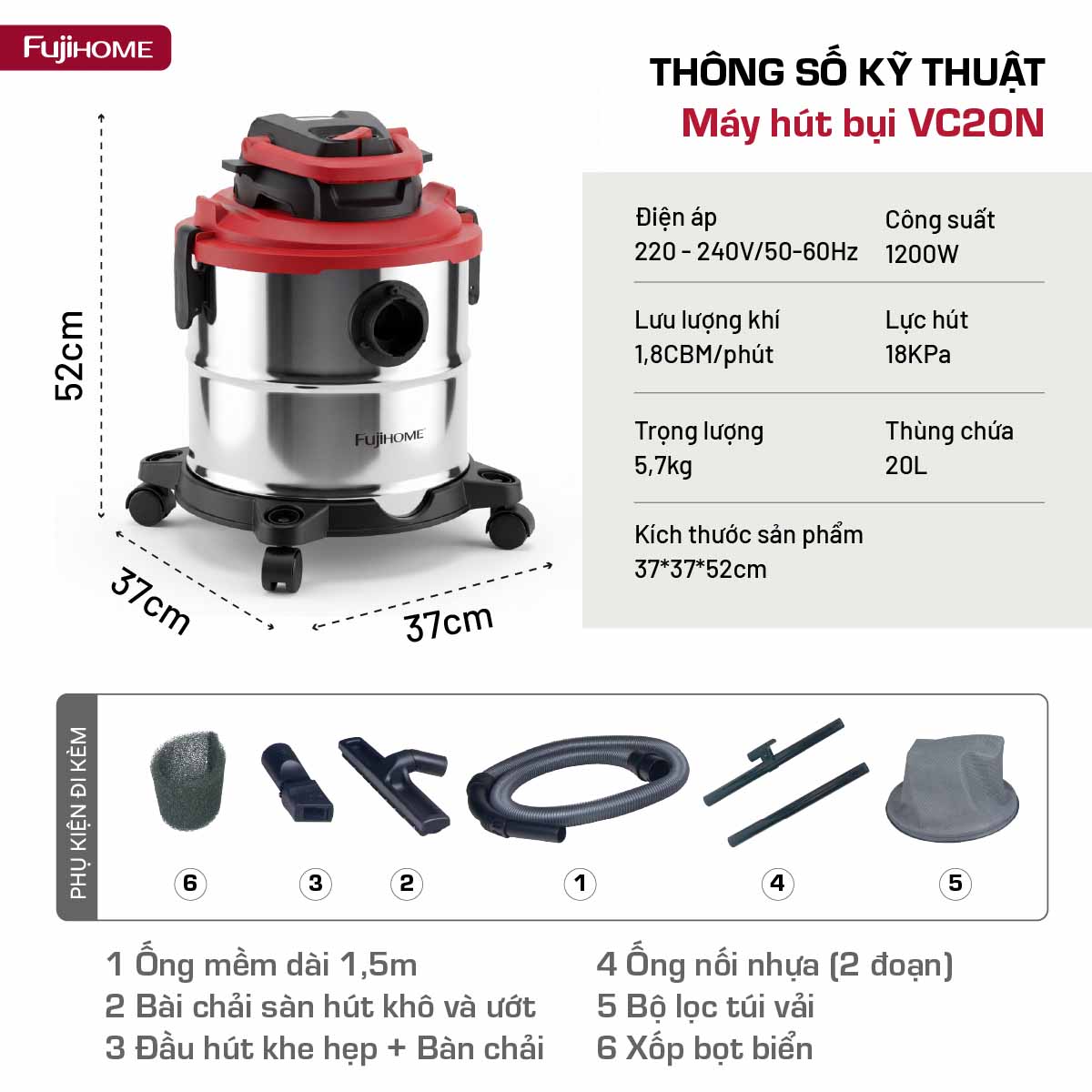 Máy hút bụi khô & ướt dung tích lớn, làm sạch mạnh mẽ Fujihome VC20N