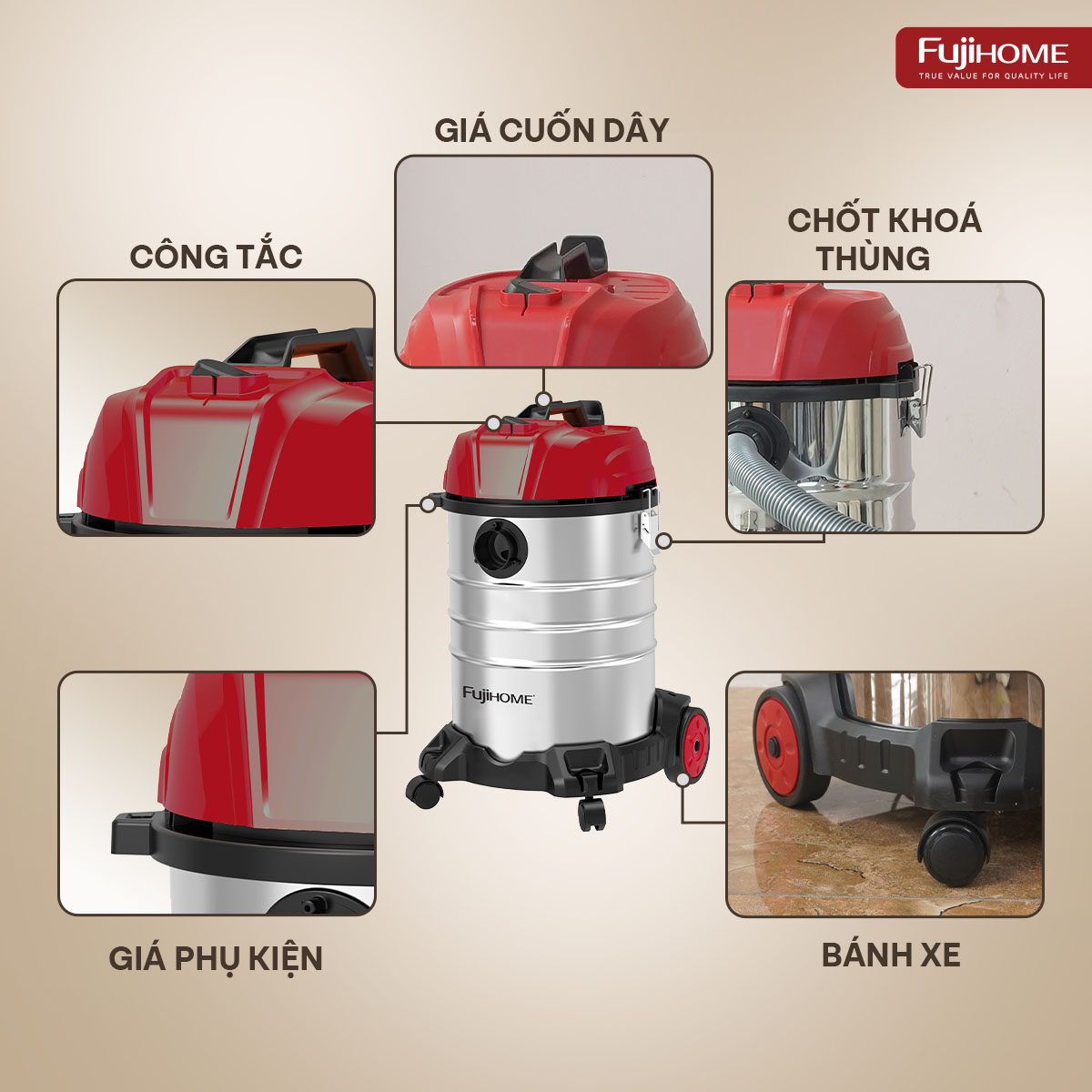 Máy hút bụi khô & ướt dung tích lớn, làm sạch mạnh mẽ Fujihome VC30N