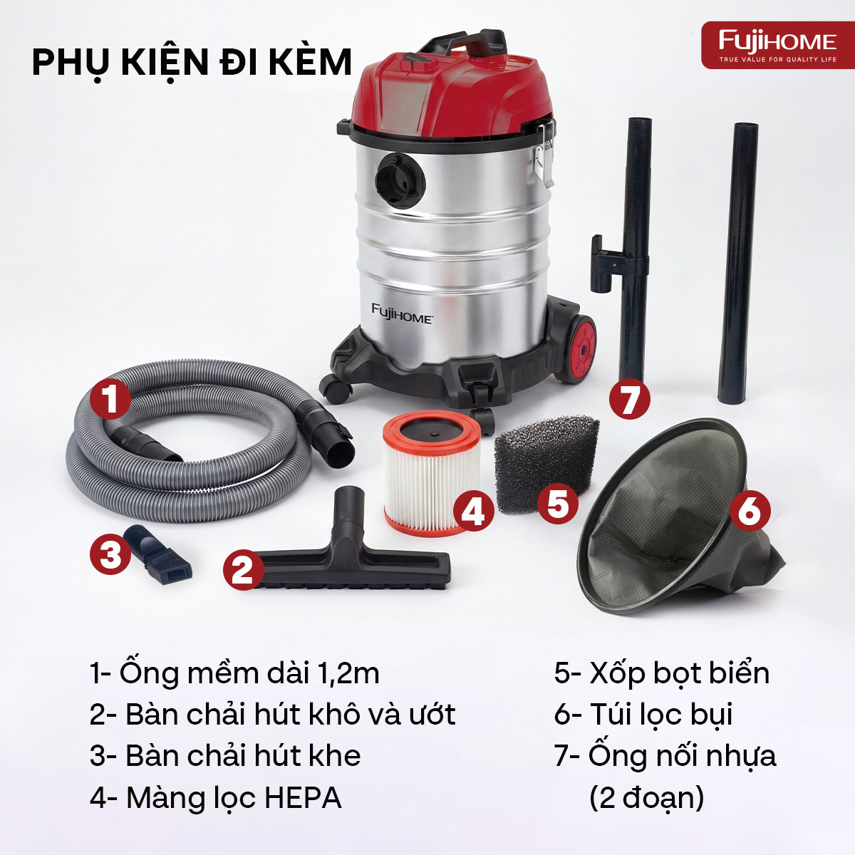 Máy hút bụi khô & ướt dung tích lớn, làm sạch mạnh mẽ Fujihome VC30N