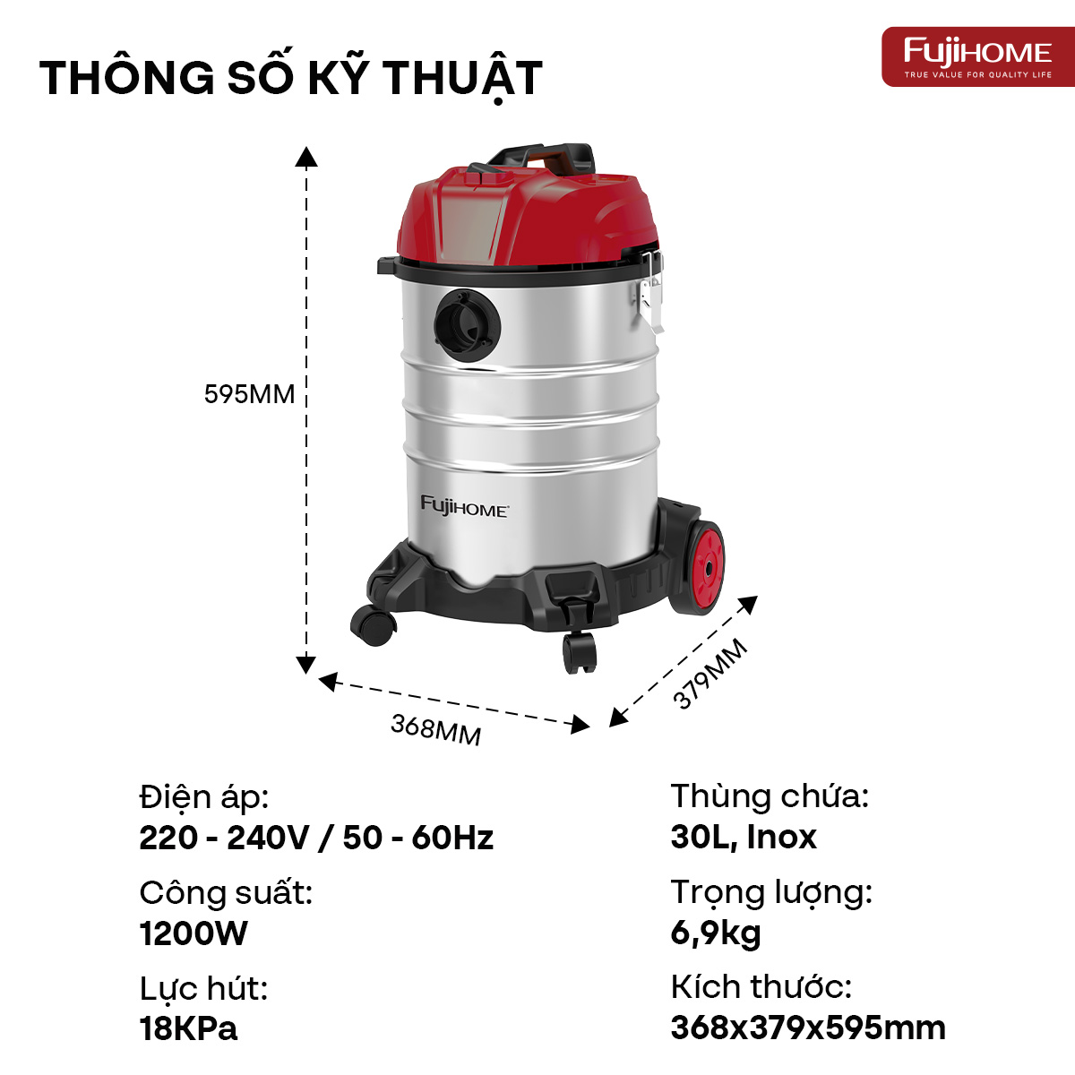 Máy hút bụi khô & ướt dung tích lớn, làm sạch mạnh mẽ Fujihome VC30N