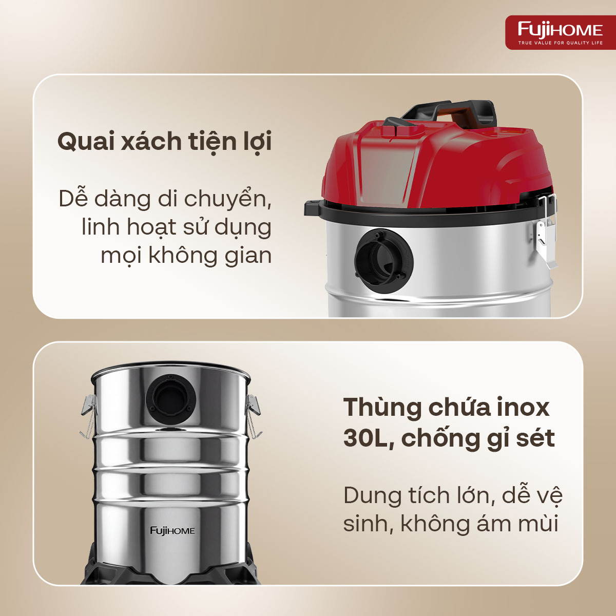 Máy hút bụi khô & ướt dung tích lớn, làm sạch mạnh mẽ Fujihome VC30N