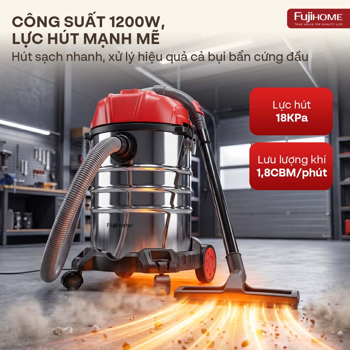 Máy hút bụi khô & ướt dung tích lớn, làm sạch mạnh mẽ Fujihome VC30N