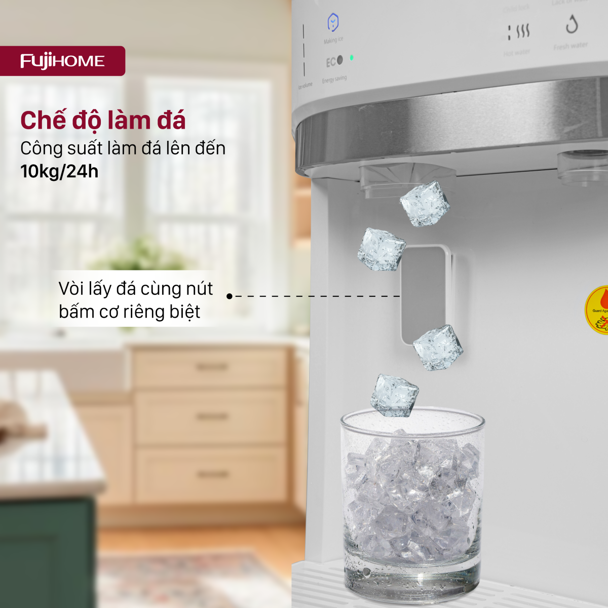 Thiết Kế Hiện Đại, Sang Trọng Fujihome WD628C-IM có thiết kế nhỏ gọn, màu trắng sang trọng, giúp tô điểm không gian nội thất hiện đại. Kiểu dáng bình âm giúp việc thay nước dễ dàng, giảm thiểu nguy cơ tràn nước. Khay hứng nước thừa giúp ngăn chảy nước xuống sàn, dễ dàng vệ sinh.  Bảng điều khiển cảm ứng thông minh được chia thành hai khu vực riêng biệt, giúp người dùng dễ dàng thao tác. Màn hình hiển thị trực quan giúp bạn theo dõi tình trạng hoạt động của máy.