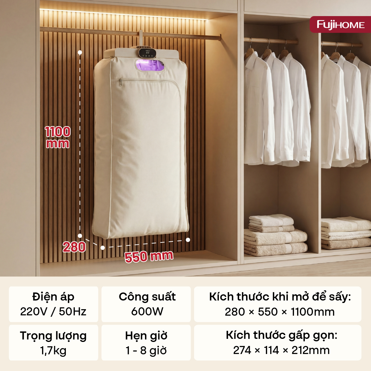 Máy sấy quần áo, khử trùng UV gấp gọn Fujihome FCD16