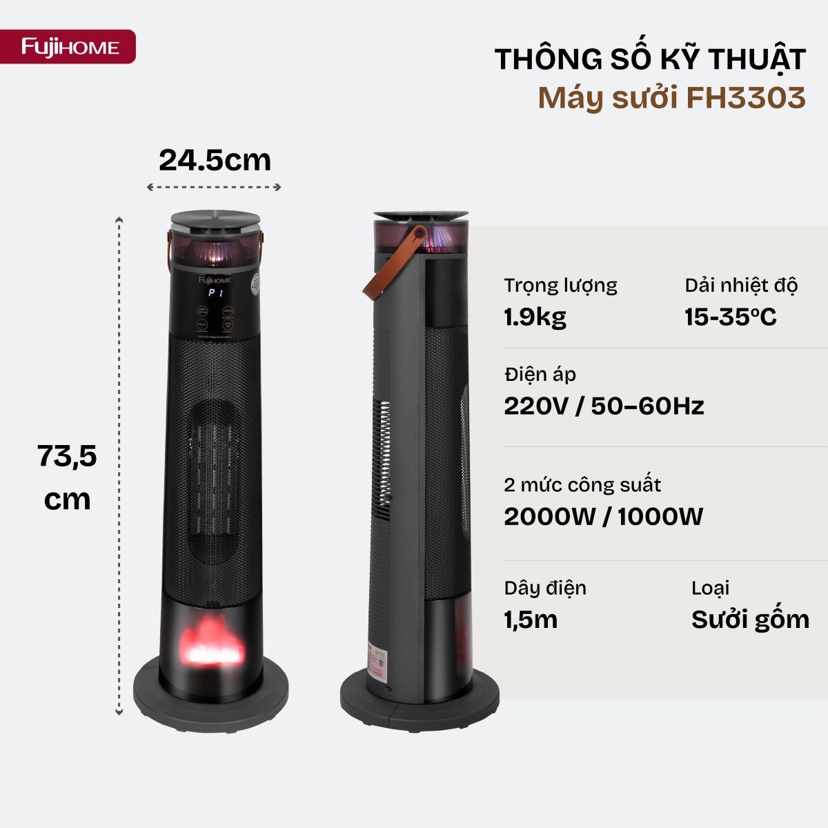 Quạt sưởi gốm điều khiển bằng giọng nói Fujihome FH3303