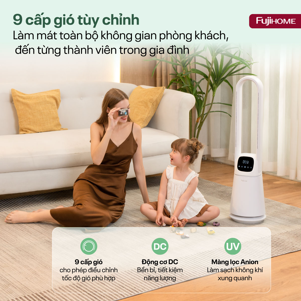 Quạt không cánh lọc không khí khử khuẩn Anion+ UV, kết nối WIFI Fujihome BF065