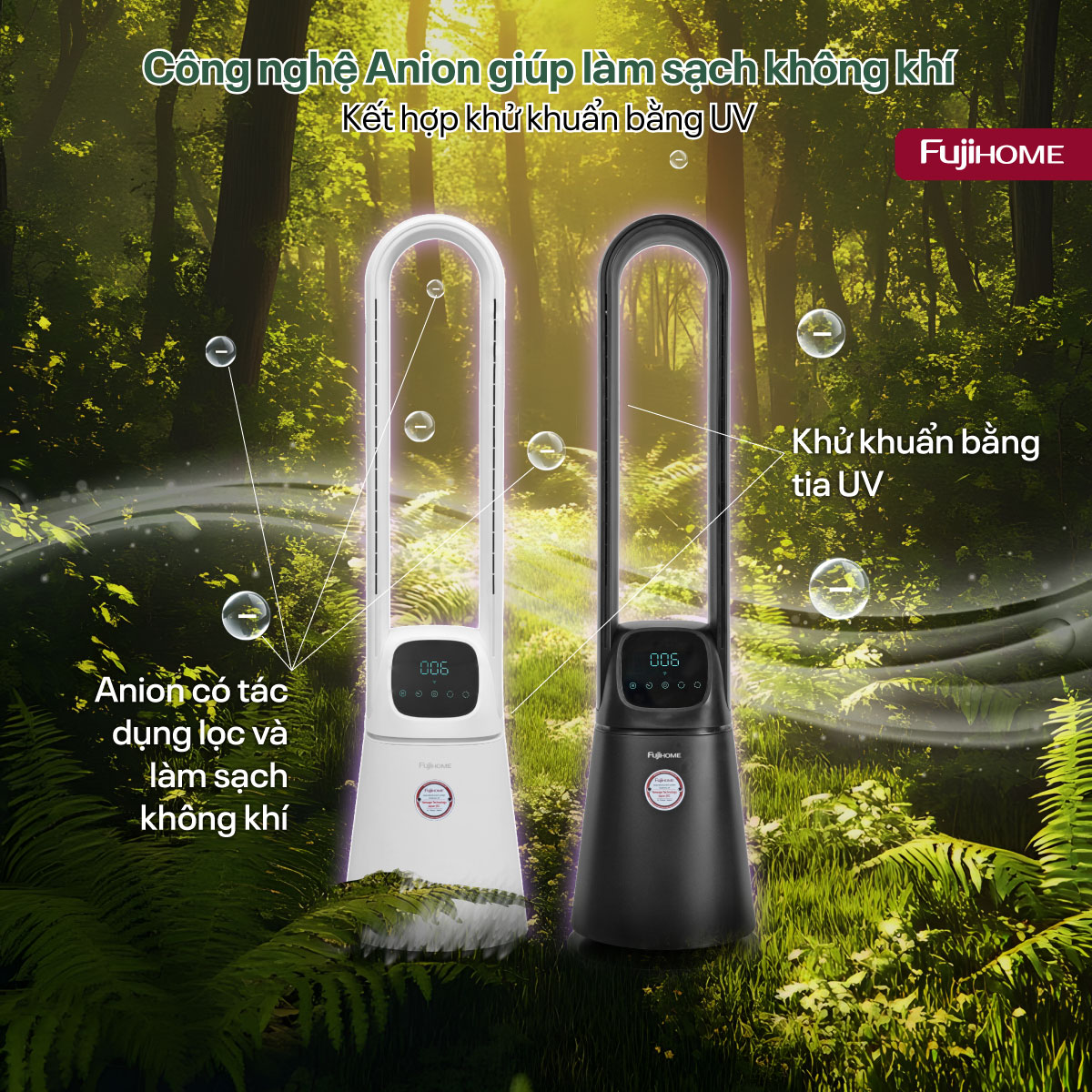 Quạt không cánh lọc không khí khử khuẩn Anion+ UV, kết nối WIFI Fujihome BF065