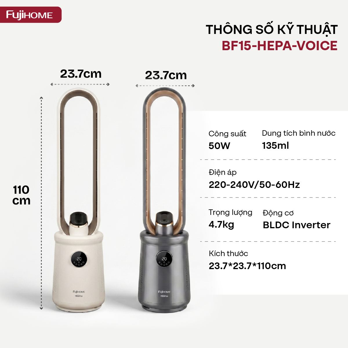 Quạt không cánh lọc không khí HEPA, ra lệnh giọng nói Fujihome LUXURY BF15-HEPA-VOICE