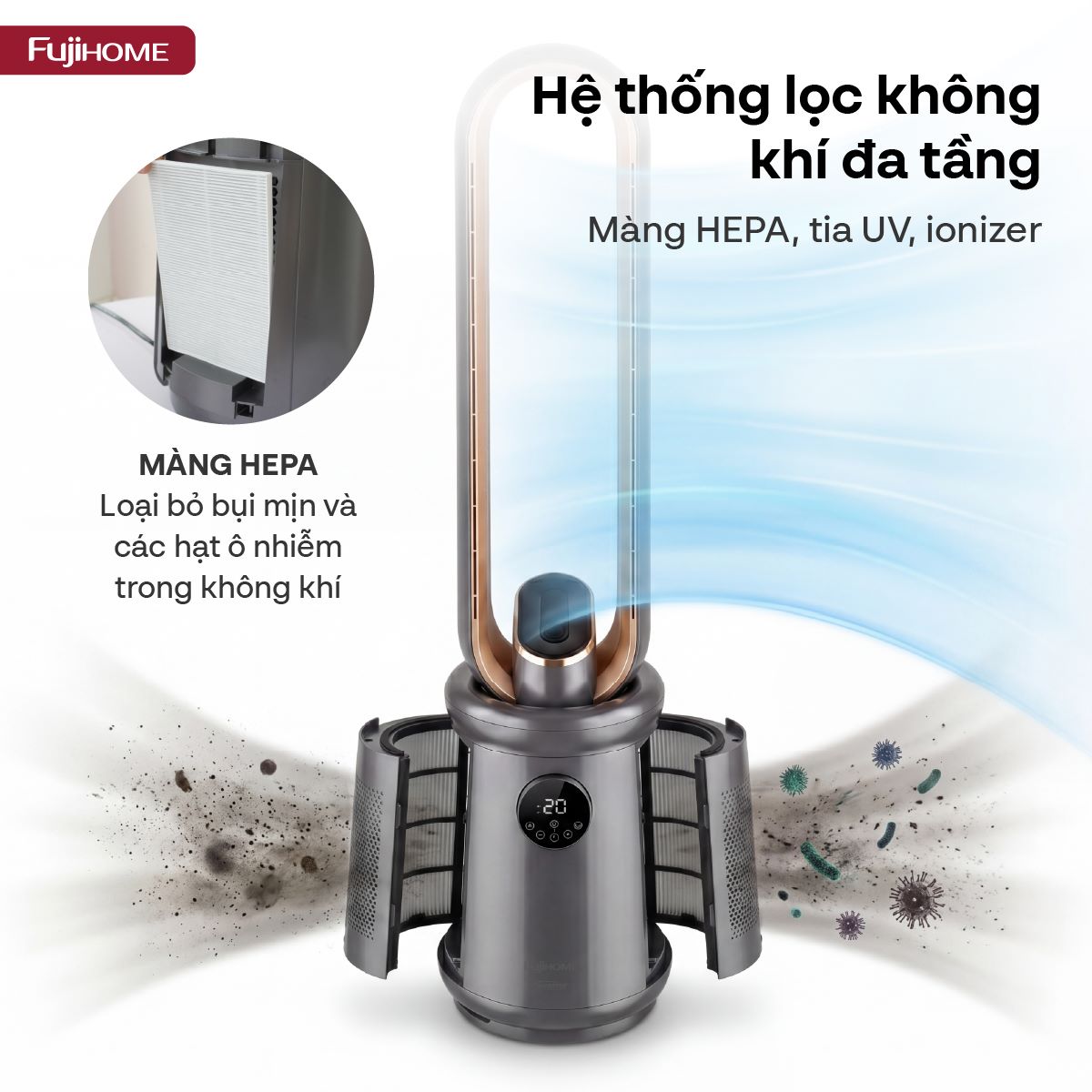 Quạt không cánh lọc không khí HEPA, ra lệnh giọng nói Fujihome LUXURY BF15-HEPA-VOICE