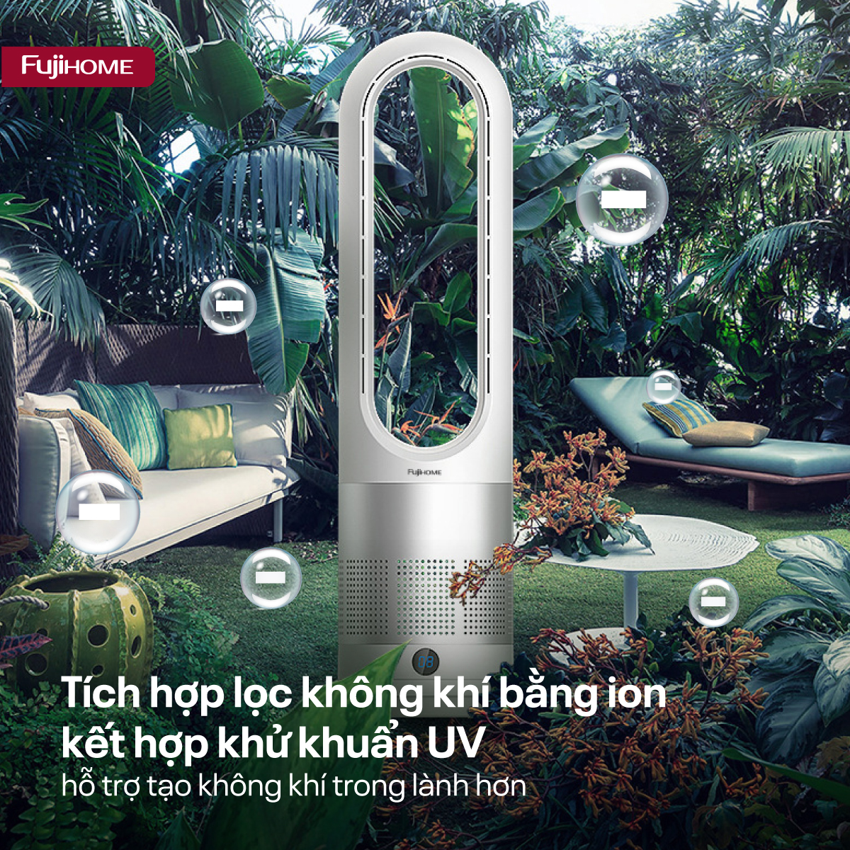 Quạt không cánh lọc không khí khử khuẩn Anion + UV kết nối WIFI Fujihome BF18