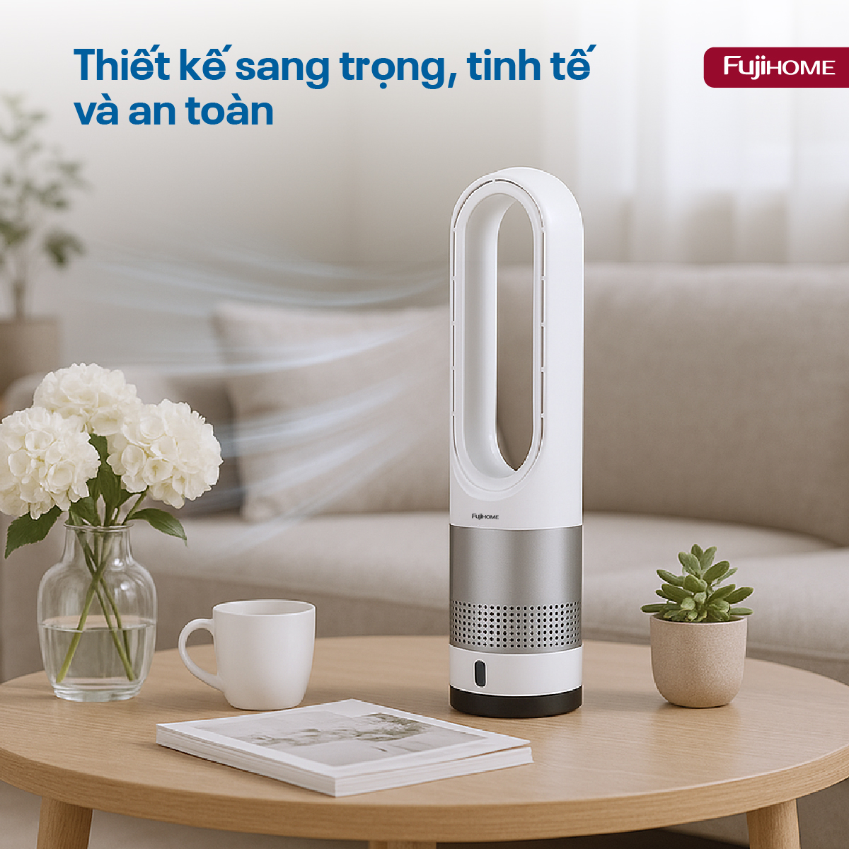 Quạt không cánh mini, lọc không khí khử khuẩn Anion + UV kết nối WIFI Fujihome BF18