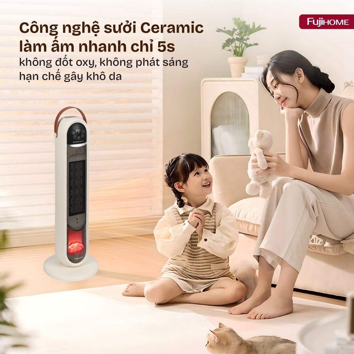 Máy sưởi Fujihome không gây khô da, không đốt cháy oxy, duy trì độ ẩm tự nhiên