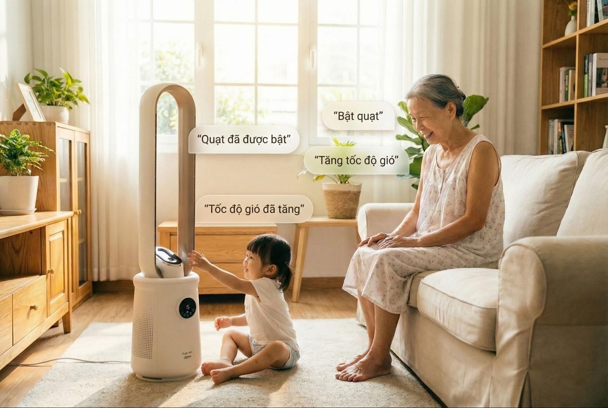 Tính năng điều khiển giọng nói trên quạt hoàn toàn offline, không cần kết nối mạng, không cần thiết lập. Ảnh: FujiHOME Việt Nam